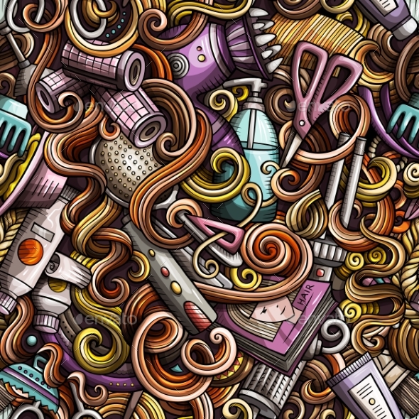 Cartoon Doodles Hand Drawn Hair Salon Seamless - Backgrounds Decorative