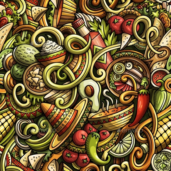 Cartoon Mexican Food Doodles Seamless Pattern - Food Objects