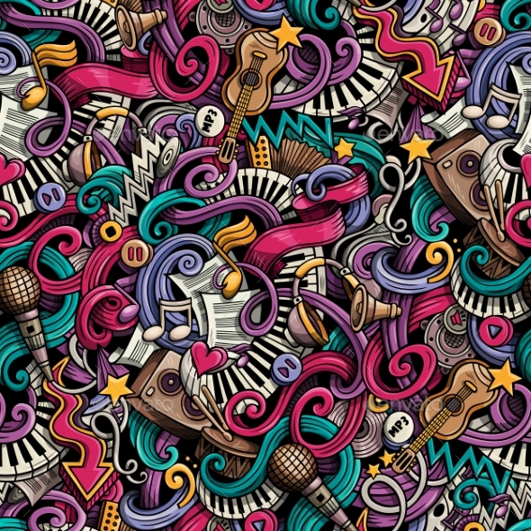 Cartoon Hand Drawn Doodles Music Seamless Pattern - Media Technology