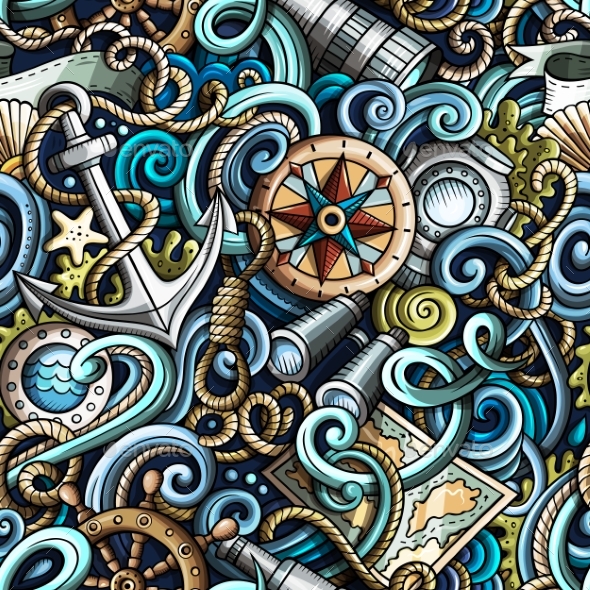 Cartoon Hand-Drawn Nautical Doodles Seamless - Miscellaneous Vectors