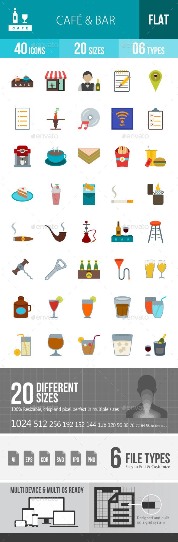 Cafe & Bar Flat Multicolor Icons - Icons