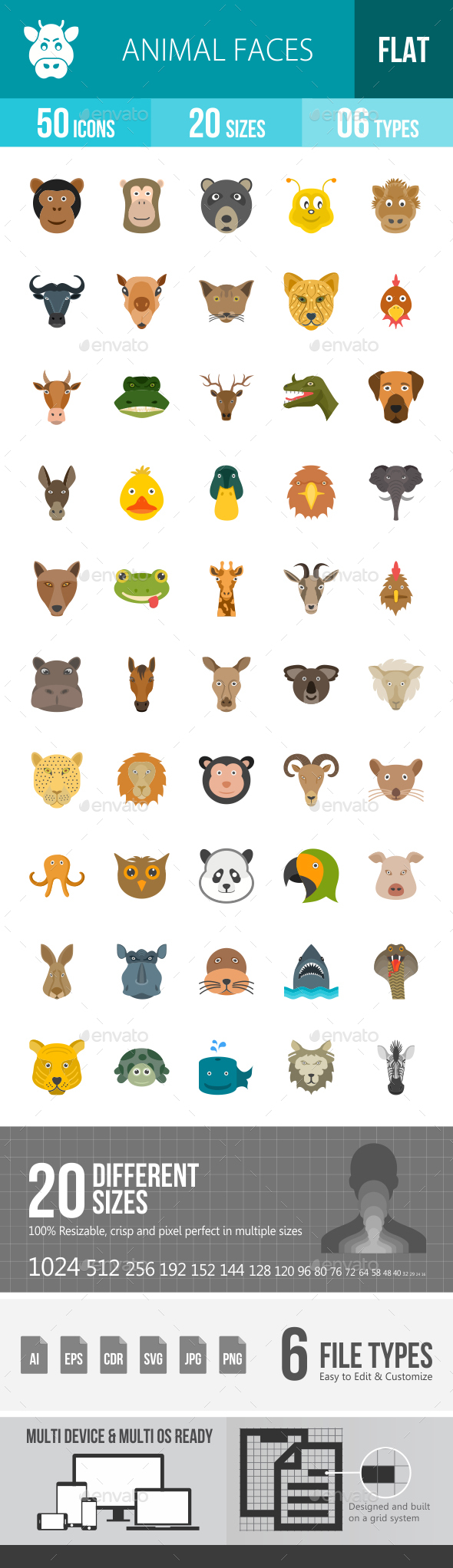 Animal Faces Flat Multicolor Icons - Icons