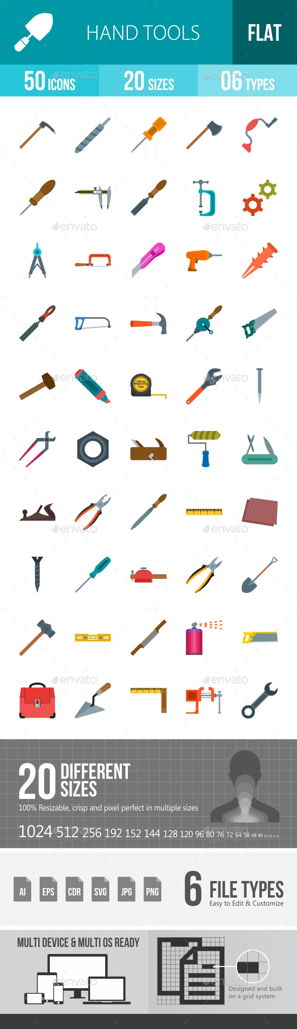 Hand Tools Flat Multicolor Icons - Icons