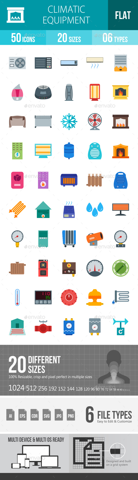 Climatic Equipment Flat Multicolor Icons - Icons