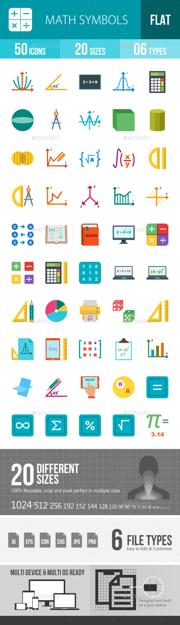 Math Symbols Flat Multicolor Icons - Icons