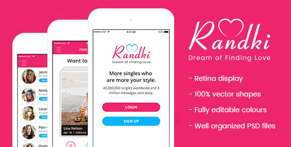 Randki - Dating Mobile App PSD - Social Media Home Personal