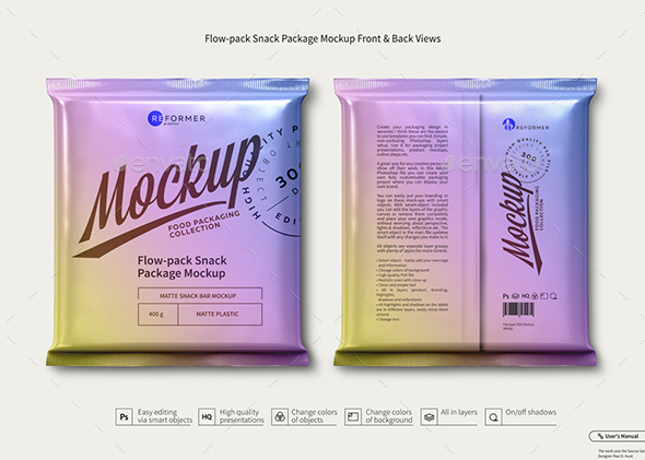 Flow-pack Snack Package Mockup Front & Back Views - Product Mock-Ups Graphics
