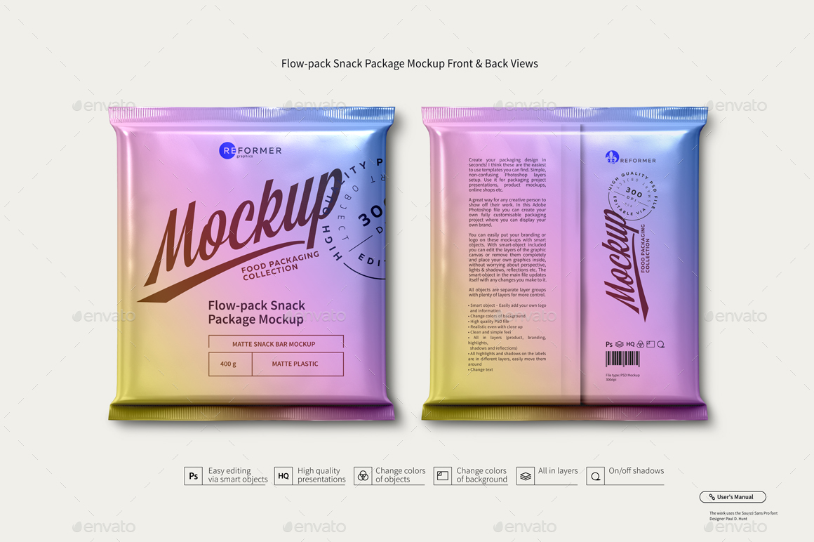 Download Flow Pack Snack Package Mockup Front Back Views By Reformer Graphicriver
