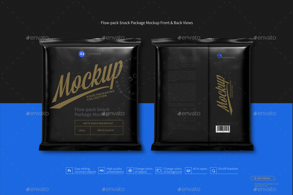 Download Flow-pack Snack Package Mockup Front & Back Views by ...