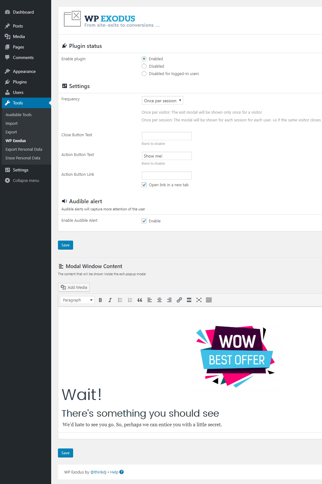 02 plugin options - WP Exodus: ข้อความทางการตลาดปรากฏขึ้นเมื่อผู้เยี่ยมชมพยายามออกจากเว็บไซต์ของคุณ สร้างเว็บไซต์, ปลั๊กอิน เว็บขายของ, ปลั๊กอิน ร้านค้า, ปลั๊กอิน wordpress, ปลั๊กอิน woocommerce, ทำเว็บไซต์, ซื้อปลั๊กอิน, ซื้อ plugin wordpress, wp plugins, wp plug-in, wp, wordpress plugin, wordpress marketing, wordpress, woocommerce plugin, woocommerce, visitor conversion, ux, prevent site exit, plugin ดีๆ, modal, marketing plugin, exit intent, codecanyon, audible alert, ads