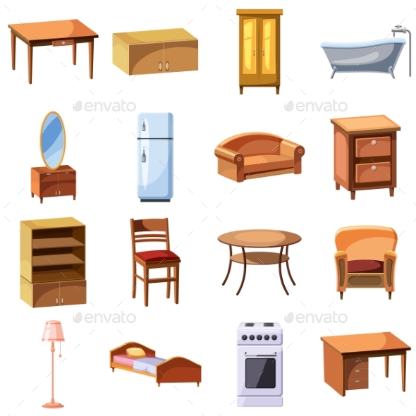 Furniture and Household Appliances Icons Set - Objects Vectors