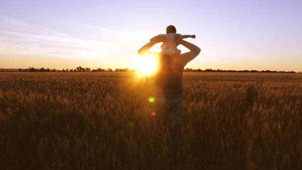 Dad with Small Baby Dancing and Laughing in the Background of Golden Sunset in Field with Wheat alt