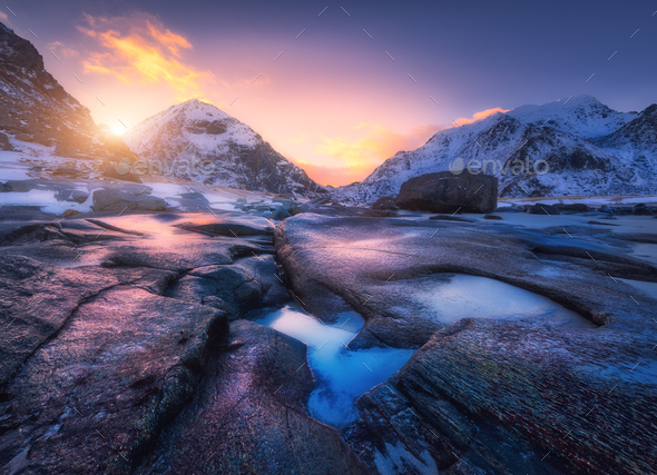 Colorful sunset in Utakleiv beach, Lofoten islands, Norway - Stock Photo - Images
