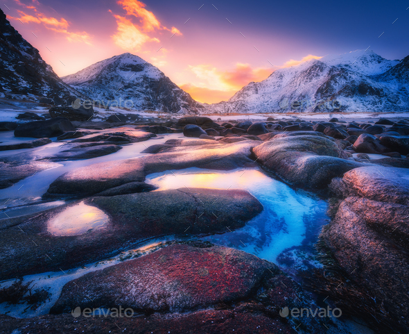 Colorful sunset in Utakleiv beach, Lofoten islands, Norway - Stock Photo - Images