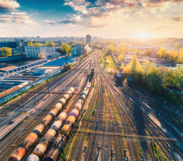 Aerial view of freight ñargo trains. Railway station - Stock Photo - Images