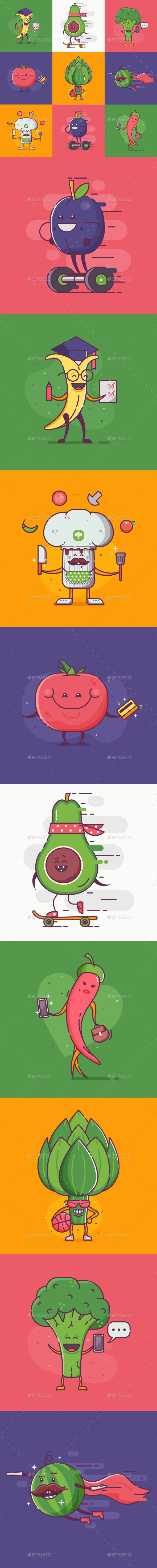 Flat Quirky Vegetable Characters Set - Miscellaneous Characters