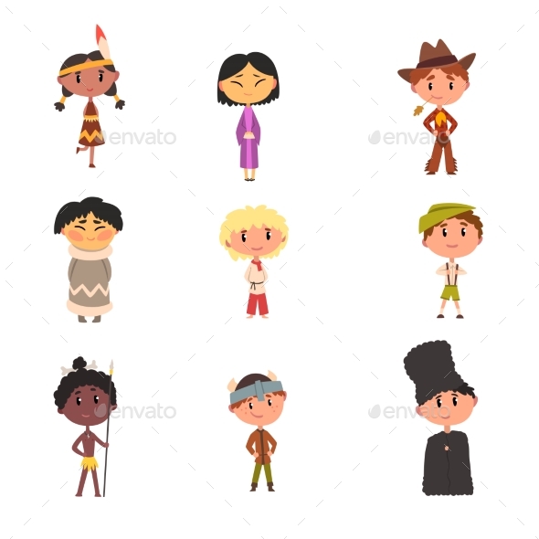Kids in National Clothes Boys and Girls Cartoon - People Characters