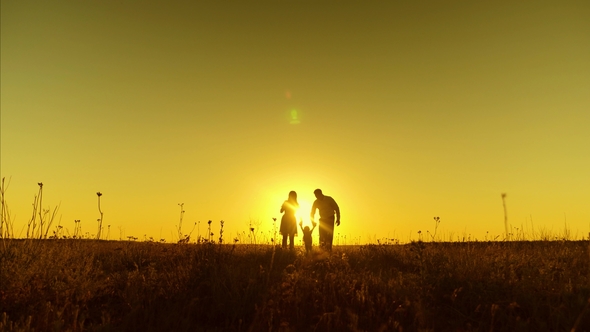 Mom and Dad Walk Across Field and Play with Child