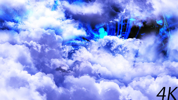 Flying Through Abstract Blue and White Clouds with Mysterious Planet on Background