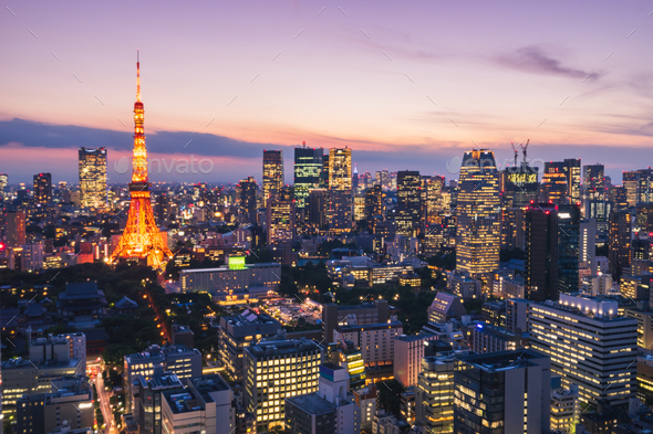 Tokyo Tower And Cityscape At Night With Beautiful Sky In Tokyo Japan Stock Photo By Kitzstocker