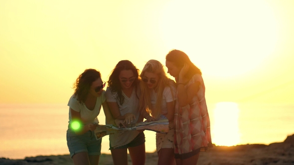 Tourist Girls Looking at Guidebook. Female Tourist Looking Map. Girls Silhouette alt
