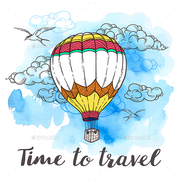 Air Balloon and Blue Watercolor Texture - Travel Conceptual