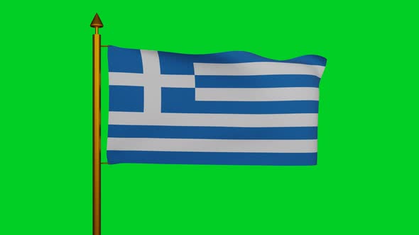 National flag of Greece waving with flagpole on chroma key, Flag of the Hellenic Republic alt