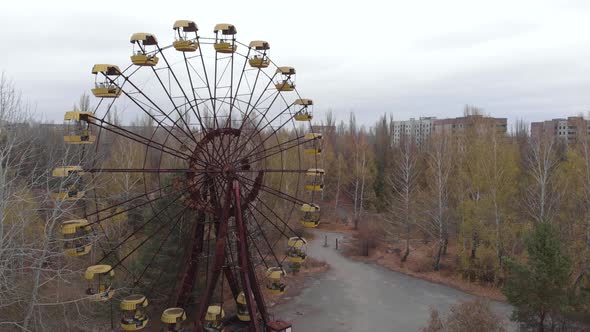 Chernobyl Exclusion Zone. Pripyat. Aerial. Abandoned Ferris Wheel. alt