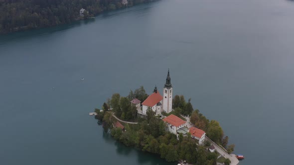 Aerial panoramic view of Lake Bled with famous Bled Island