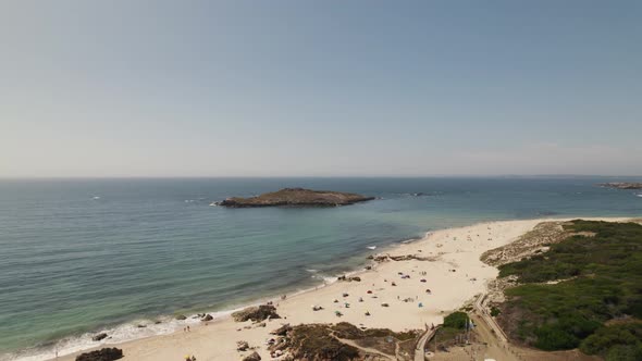 Drone flight over exotic Pessegueiro Island Beach along the Alentejo coast