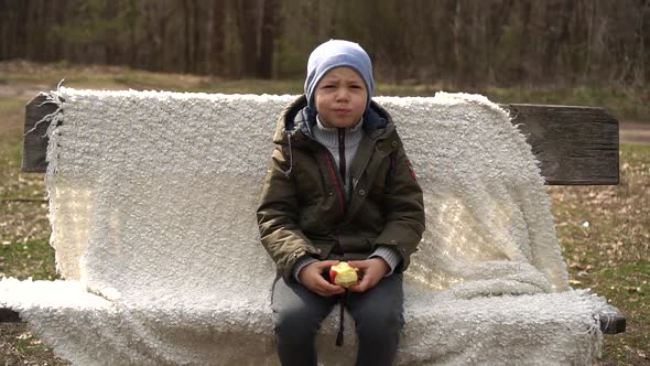 a Five-year-old Boy Sits on a Park Bench and Eats an Apple,slow-mo