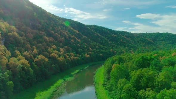Aerial Video of Clouds Mountains Forest and Mountain River alt