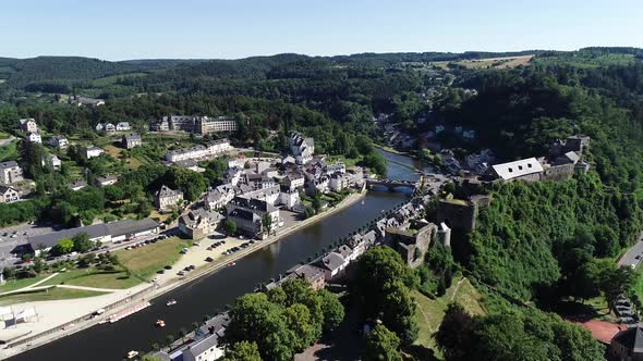 Aerial view of Bouillon Castle, in the province of Luxembourg, Belgium, Europe