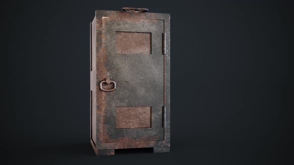 Old, rusty safe. The doors of the strongbox open showing the empty interior. alt