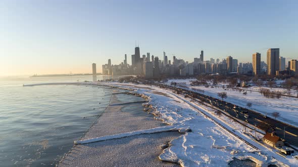 Chicago Cityscape and Lake Shore Drive in Winter - Aerial View alt