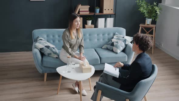 Troubled Lady Discussing Problems with Therapist Indoors in Comfortable Office alt