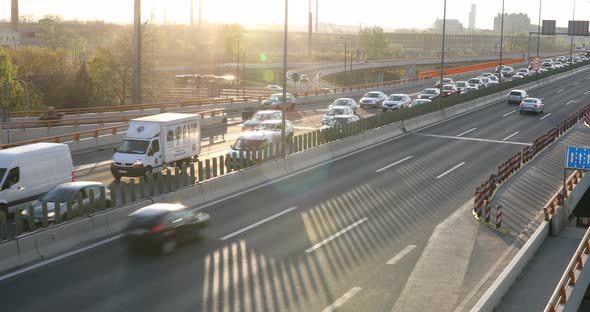 Belgrade, Serbia - cars on motorway highway bridge at day, urban background