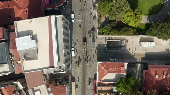 Taksim Tram and Subway Entry on Famous Shopping Street in Istanbul with People, Aerial Birds Eye alt