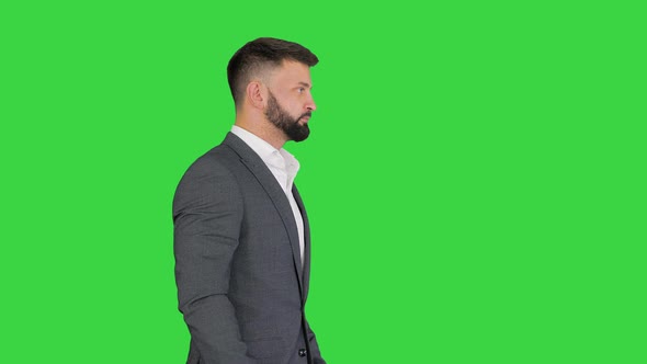 Serious Turk Businessman Formal Suit Walking Green Screen Chroma Key alt