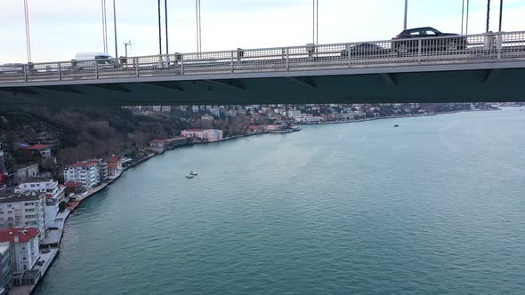 Istanbul Bosphorus Bridge Traffic Bottom To Top Aerial View alt