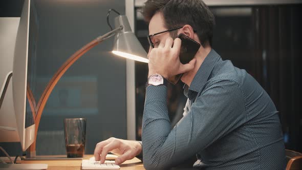 Office Worker Overtime Work In Internet. Businessman Working Alone. Computer Late Night. Deadline. alt