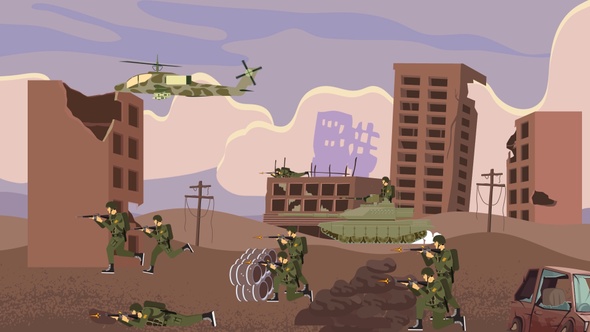 Military Soldiers Fighting in Battlefield - Destroyed City -  Cartoon Animations