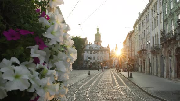 Empty Market Square in Lviv Old Town at Early Morning Ukraine alt