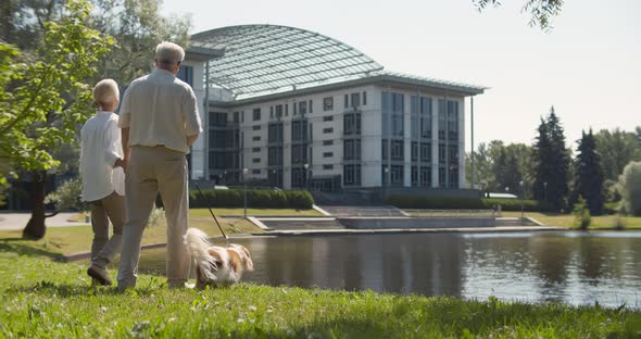 Full Length View of Cheerful Elderly Couple with Spaniel Standing Near Lake in Summer Park alt