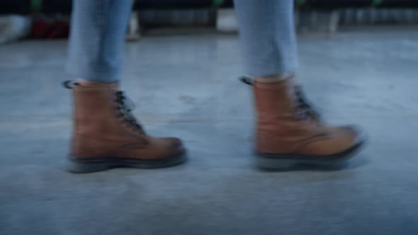 Closeup Warehouse Employee Boots Specialist Going to Shipment Cargo Workplace alt