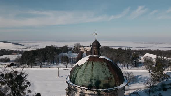 Aerial View of the Historic Old Church at Sunny Winter Day