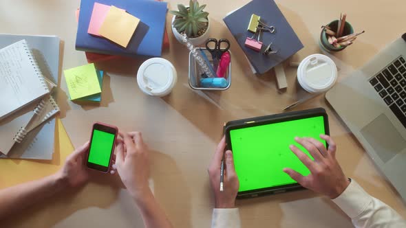 Business People Using Gadgets with Chroma Green Screen Top View alt