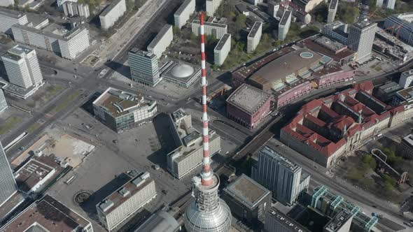 AERIAL: Slow Flight Over Spree River in Berlin, Germany with View on Alexanderplatz TV Tower on alt