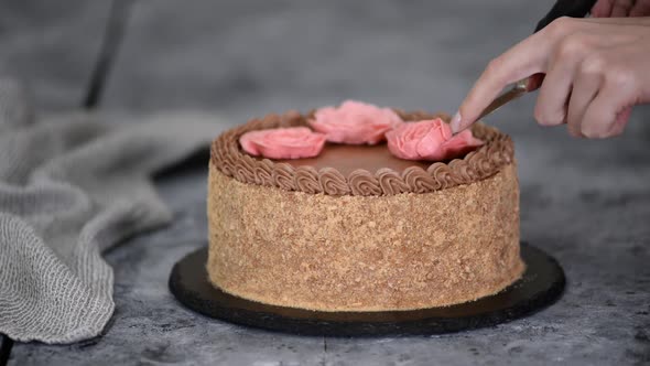 Pastry Chef Decorates the Cake with Flowers From the Cream alt