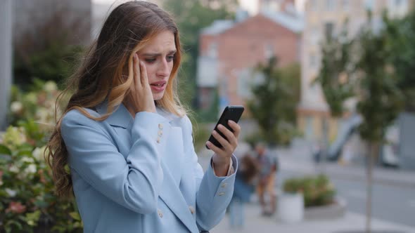 Business Woman Caucasian Girl Lady Female Looking in Mobile Phone Feels Shock Upset Worries About alt